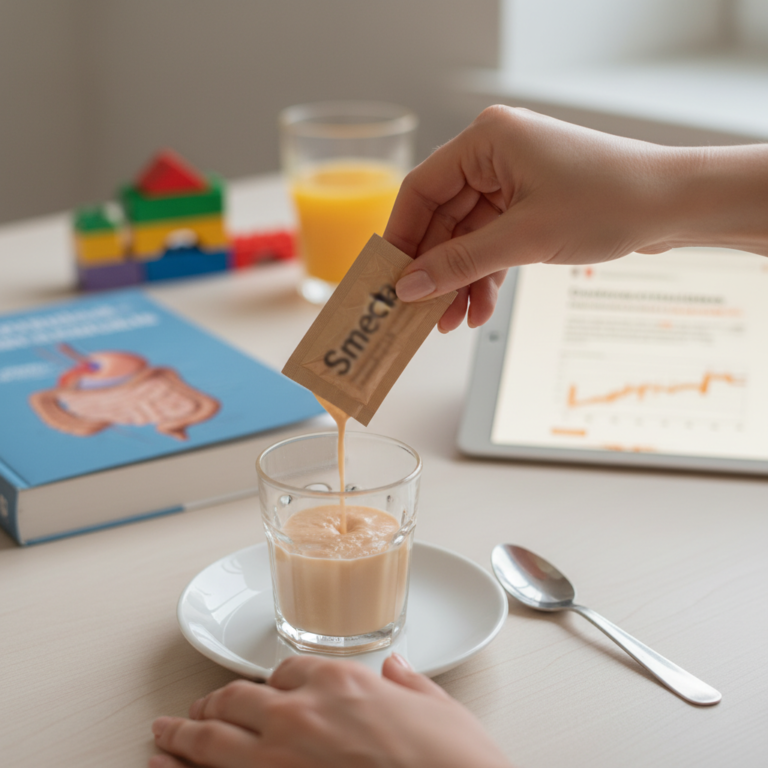 Illustration réaliste sur Guide pour nounous : utiliser le Smecta en toute sécurité chez l’enfant