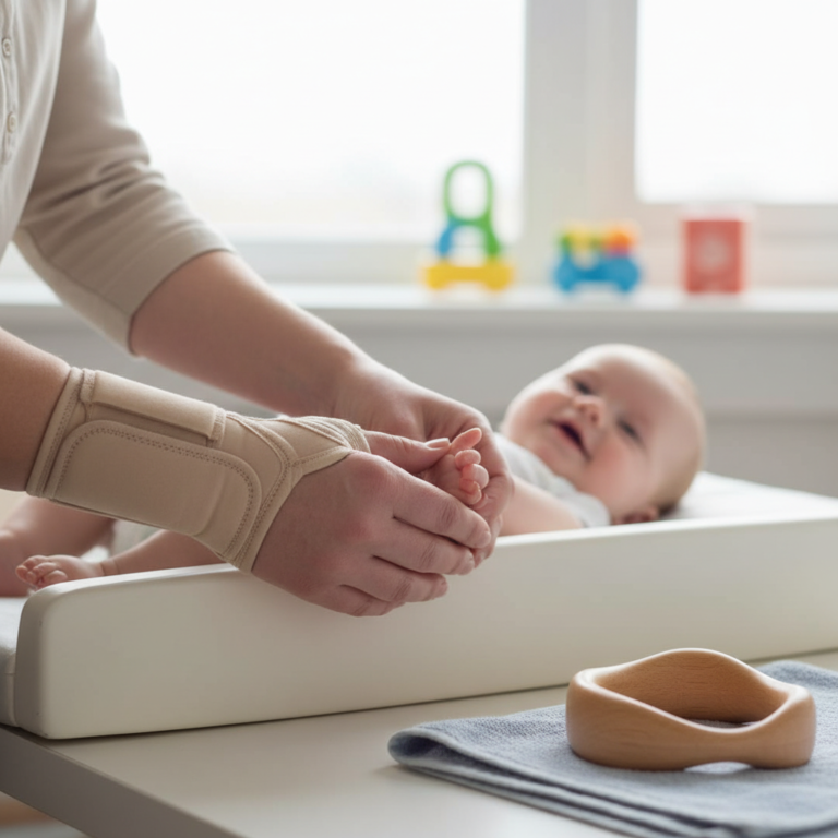 Illustration réaliste sur Tendinite du poignet chez les nounous : prévenir et guérir avec des gestes simples